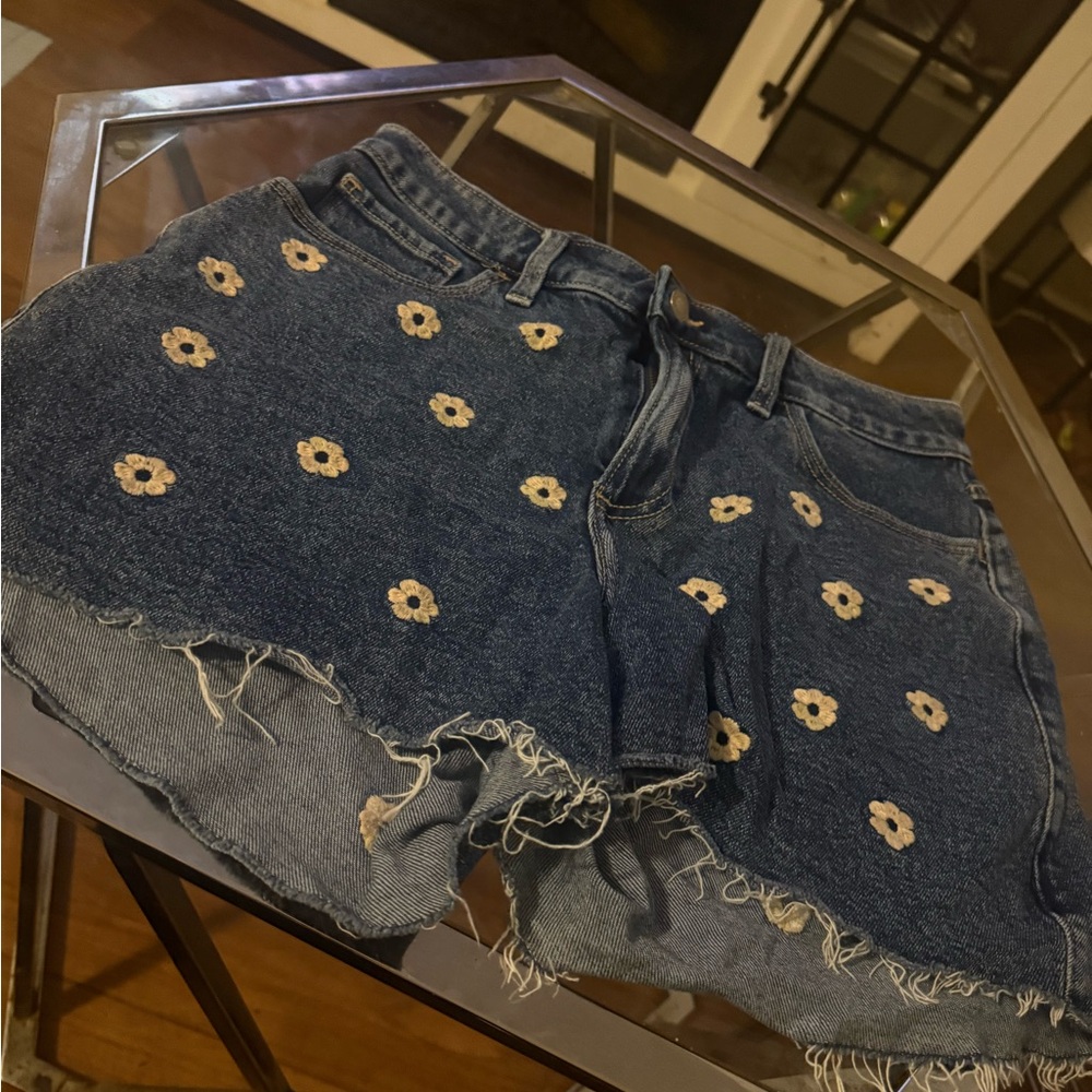 Hollister Blue Jean Shorts with Cream Floral Design